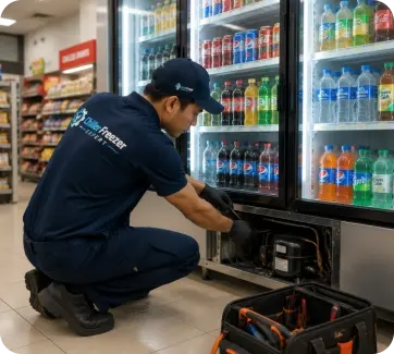 Technician repairing a glass-door display freezer in a shop